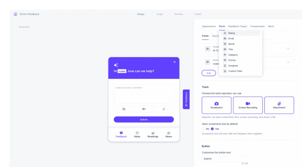 Userback feedbck widget editor