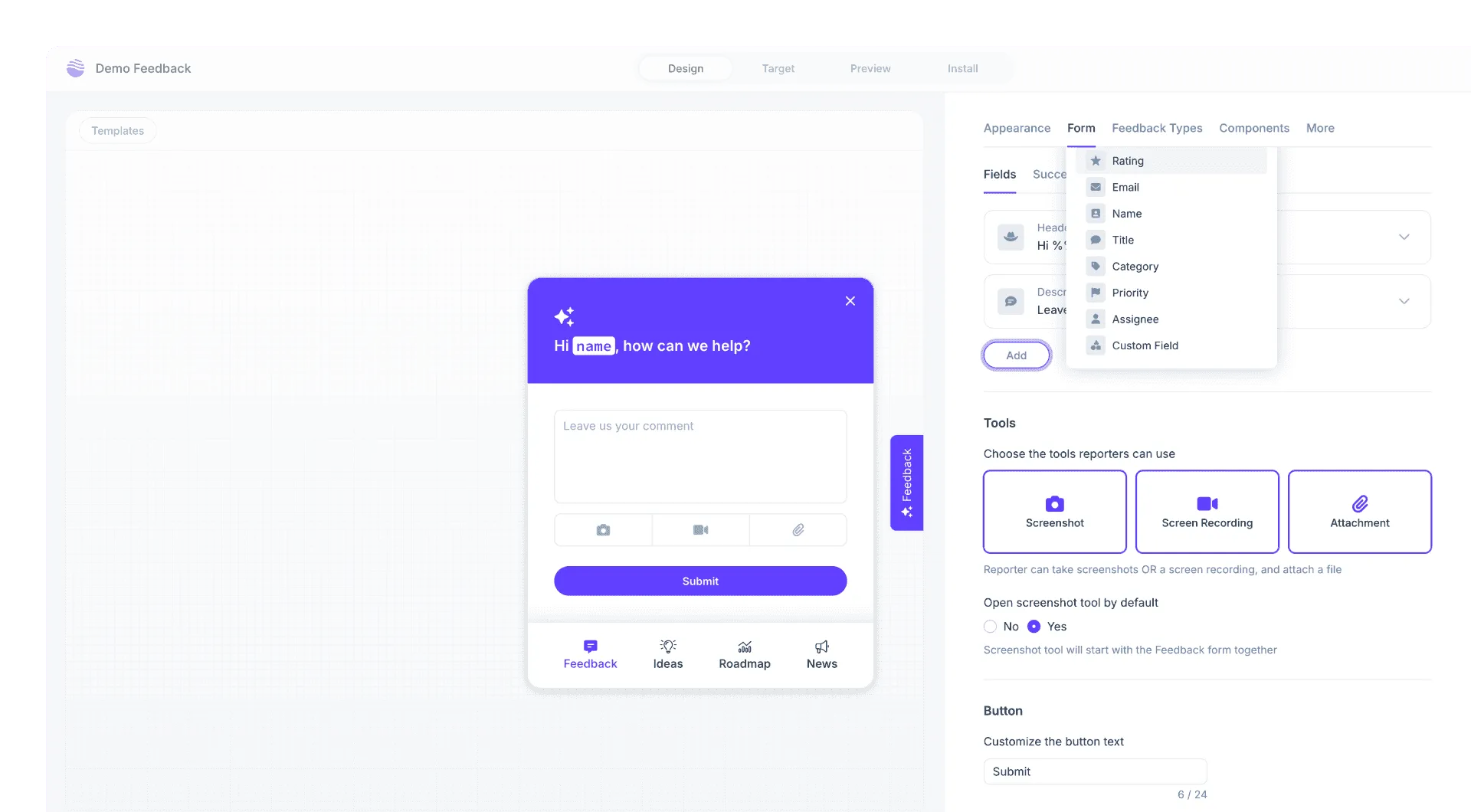 Userback feedbck widget editor