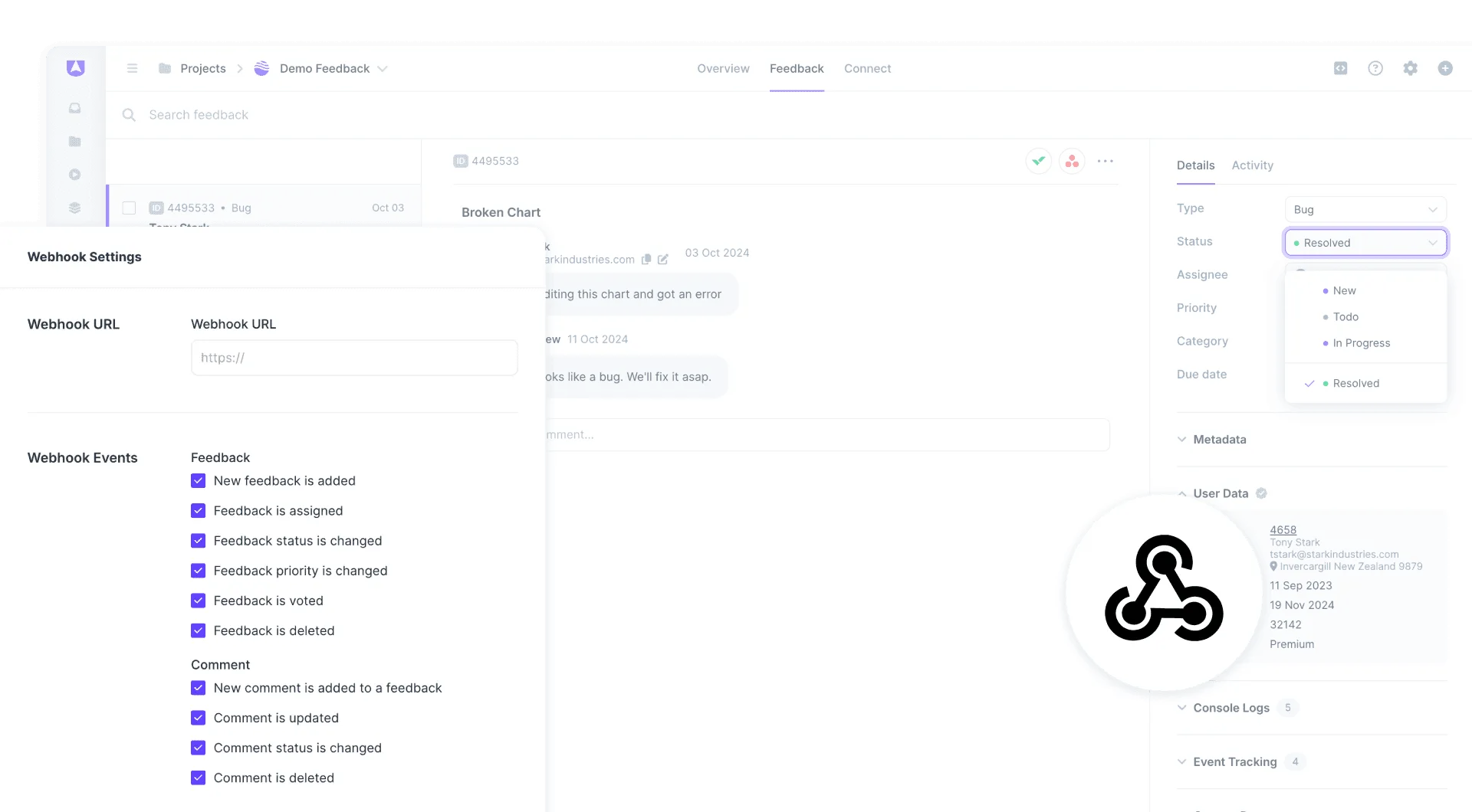 Userback integrations webhooks