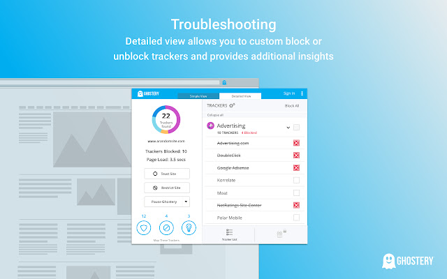Ghostery dashboard with blocked ad examples