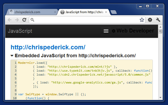 A snippet of javascript within a browser window.