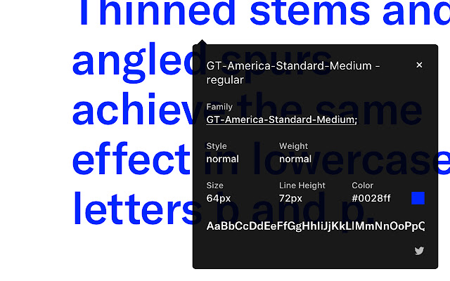 WhatFont tool showing font specifics from a website.
