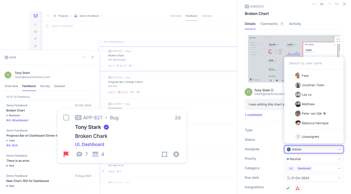 Userback user identification linked feedback