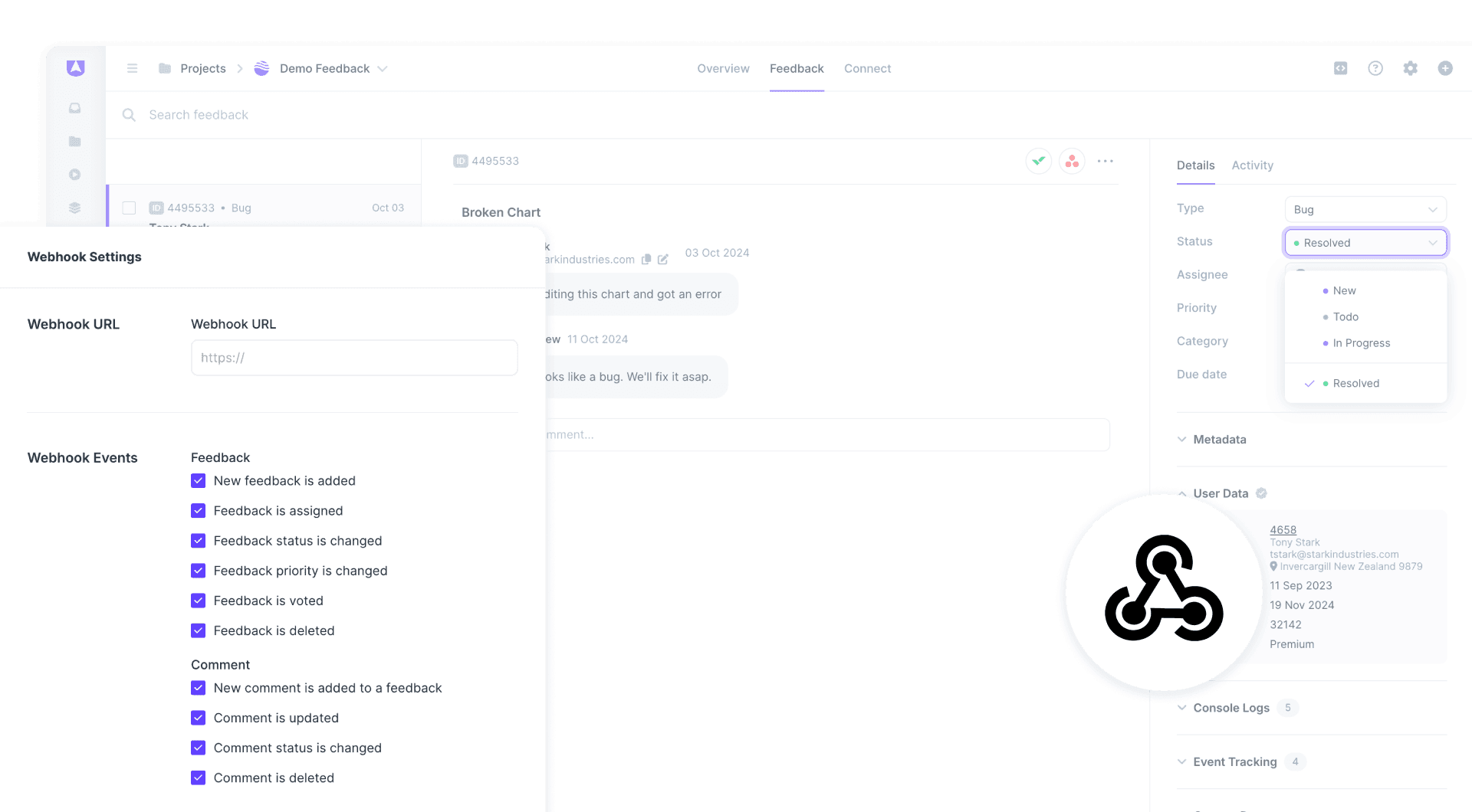 Userback integrations webhooks