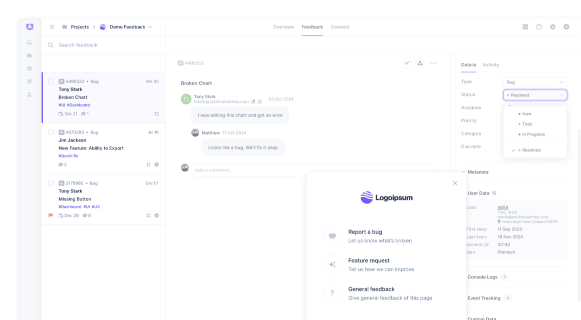 Userback user identification customer support