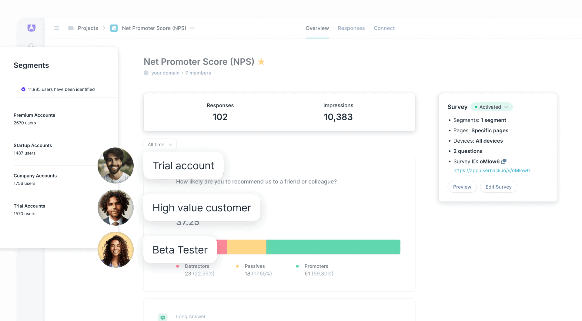 Userback user identification segments