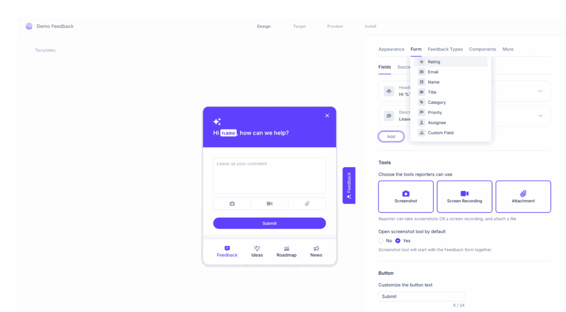 Userback feedbck widget editor